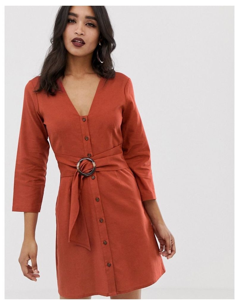 casual button through mini dress with belt detail-Red