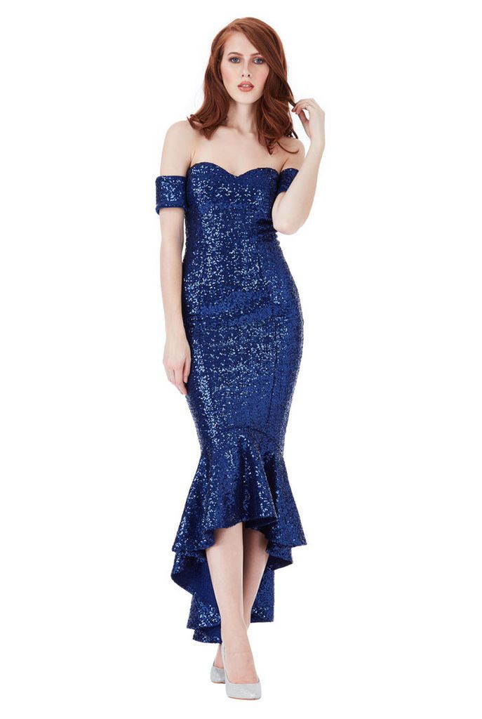 Sequin Bardot Peplum Maxi Dress - Royal Blue