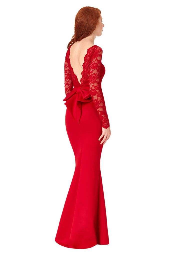 Open Back Lace Maxi Dress with Bow Detail - Red
