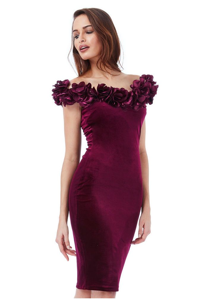 Velvet Midi Dress with Flower Neckline - Wine