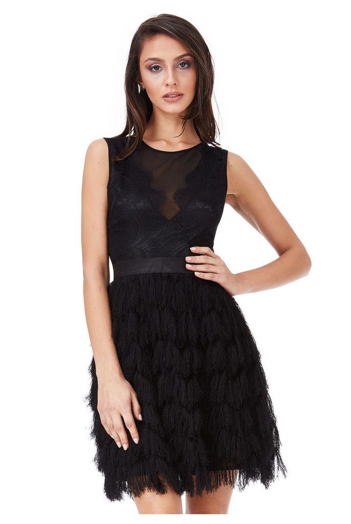 Fringed Mini Dress with Lace Detail - Black