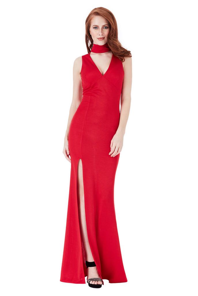 V Cut Out High Neck Maxi Dress with Split Detail - Red