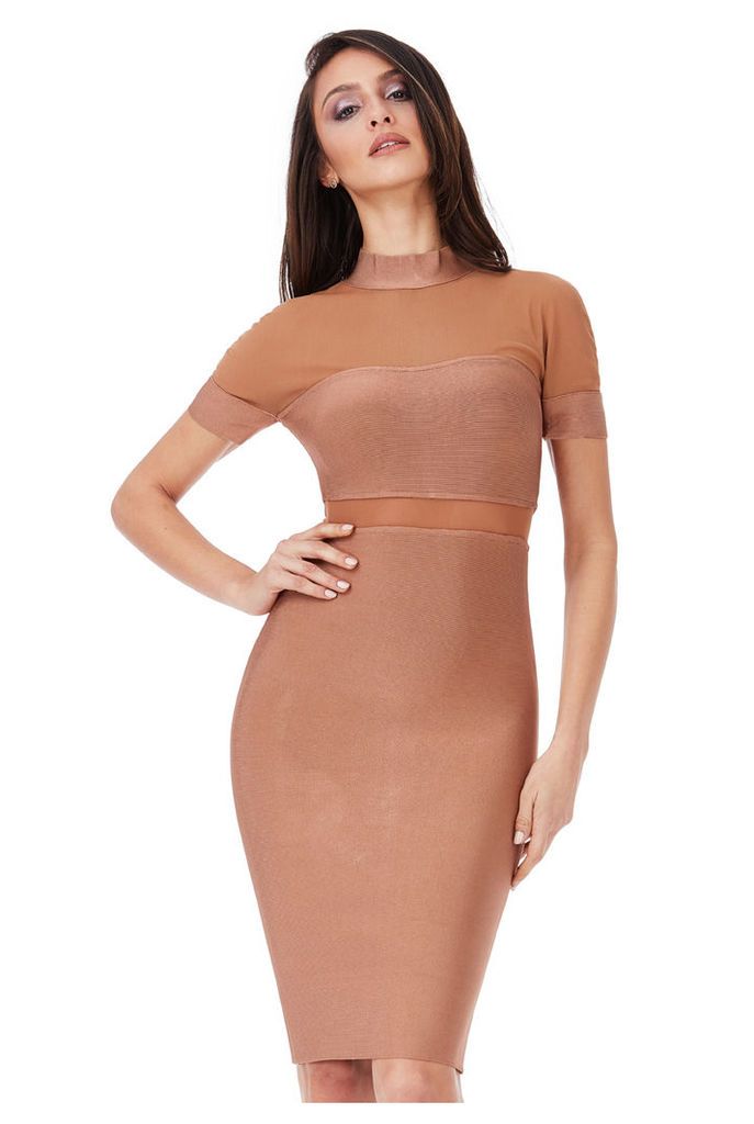Short Sleeved Cut Out Bodycon Dress - Tan