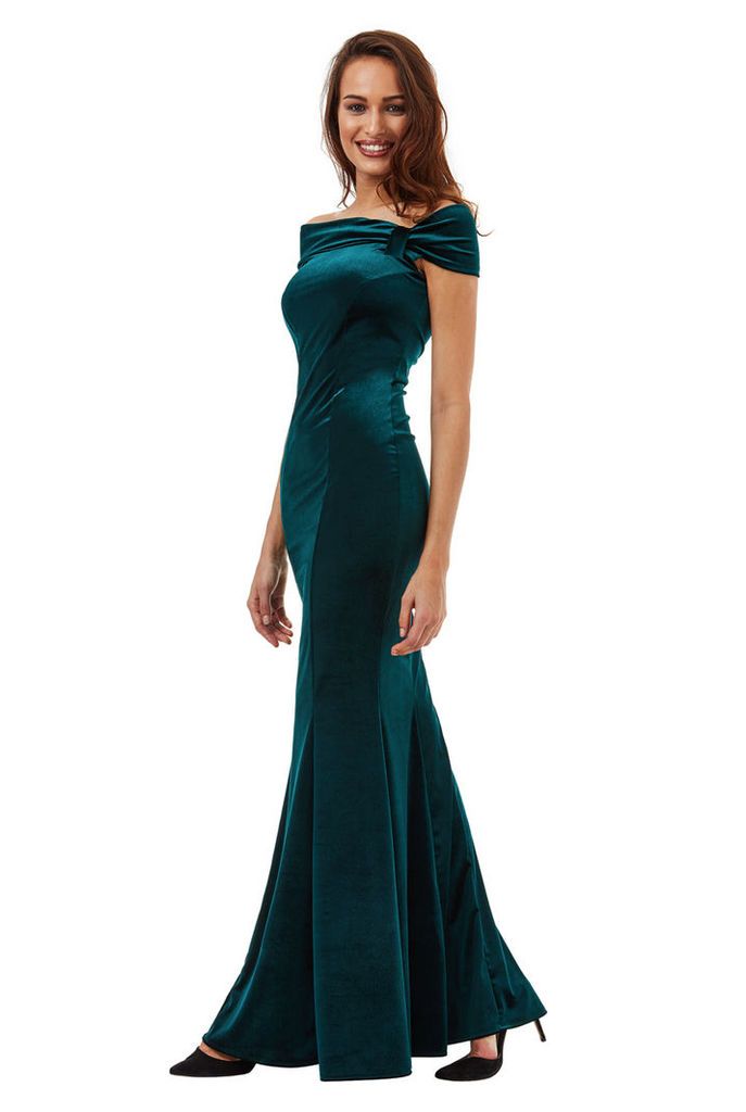 Bardot Velvet Maxi Dress with Bow Detail - Emerald