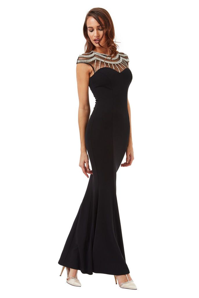 Embellished Fishtail Maxi Dress - Black