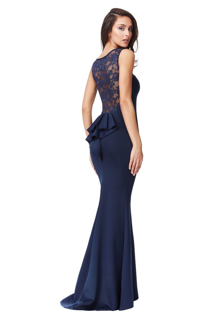 Lace Back Maxi Dress with Frill Detail - Navy