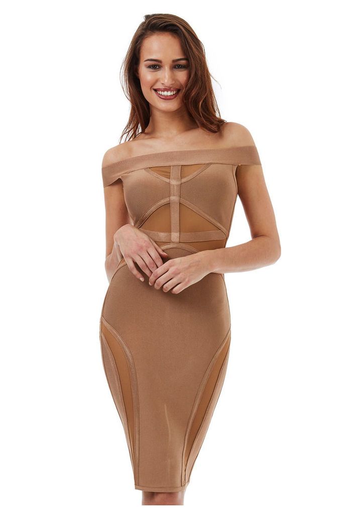 Bardot Cut Out Bodycon Dress - Tan