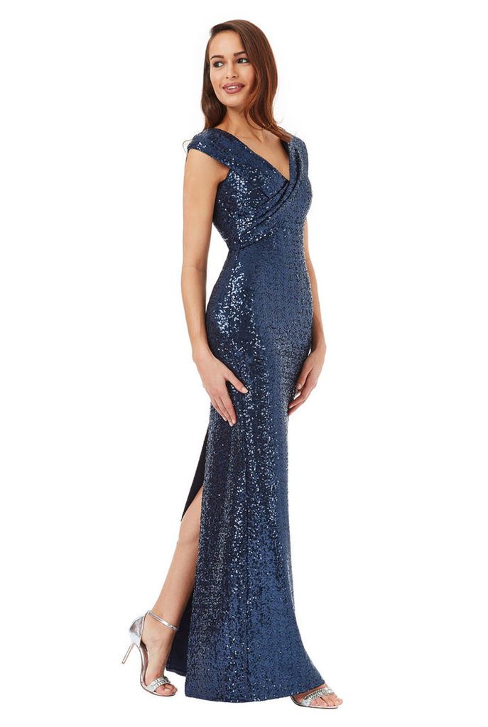 Sequin Maxi Dress with Pleated Neckline - Navy