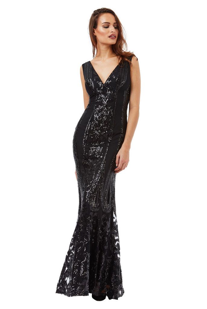 V Neck Sequin Fishtail Maxi Dress - Black