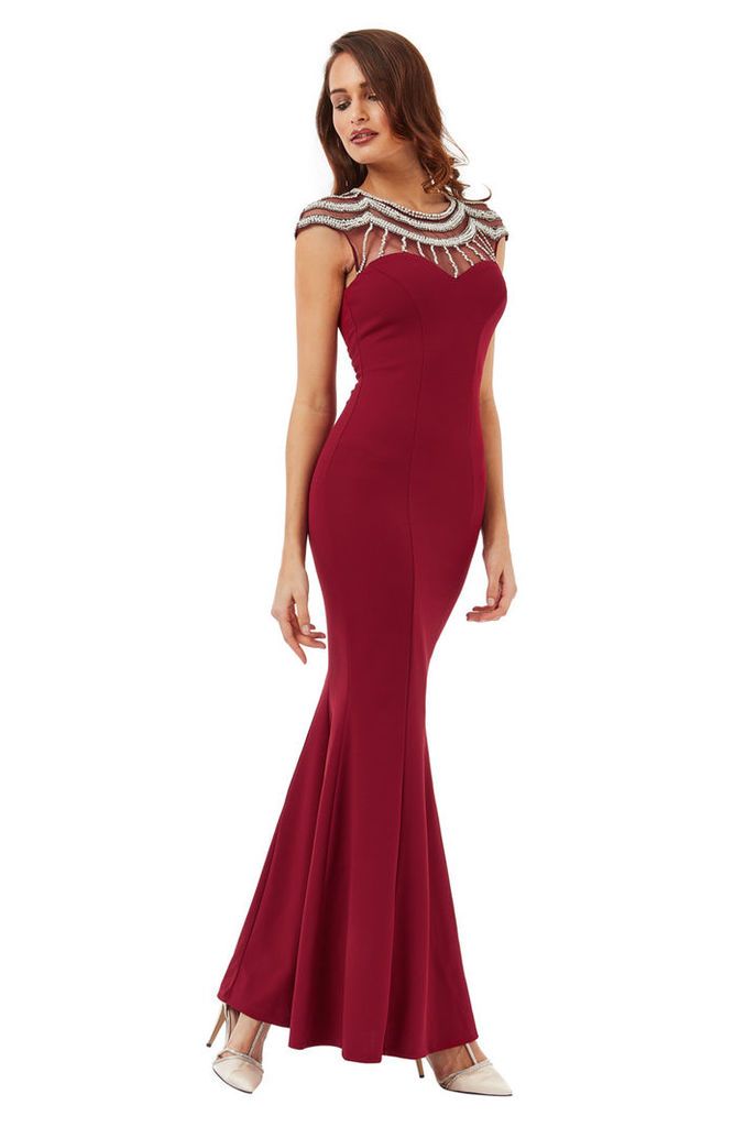 Embellished Fishtail Maxi Dress - Wine
