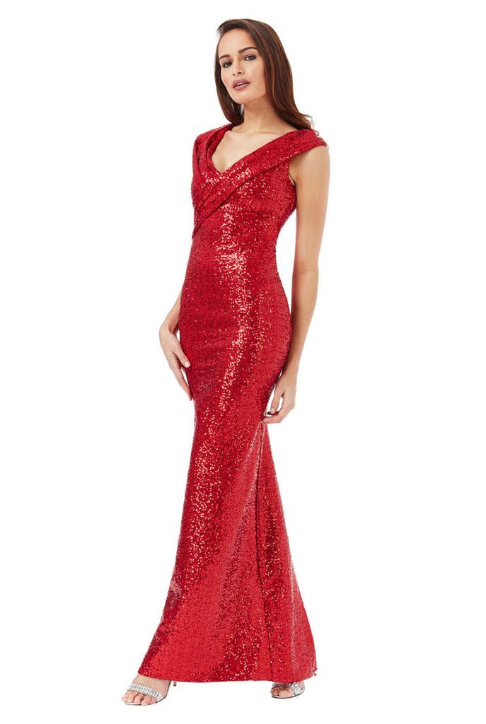 Sequin Maxi Dress with Pleated Neckline - Red