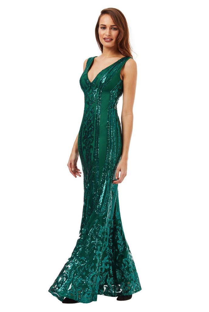 V Neck Sequin Fishtail Maxi Dress - Emerald