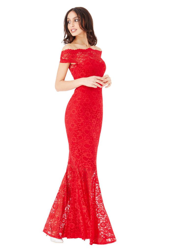 Bardot Lace Maxi Dress - Red