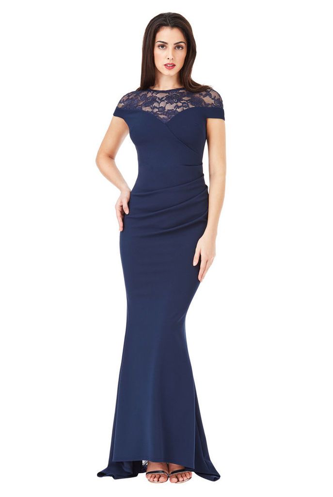Pleated Maxi Dress with Lace Detail - Navy