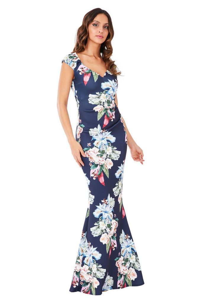 Sweetheart Neckline Floral Maxi Dress - Navy