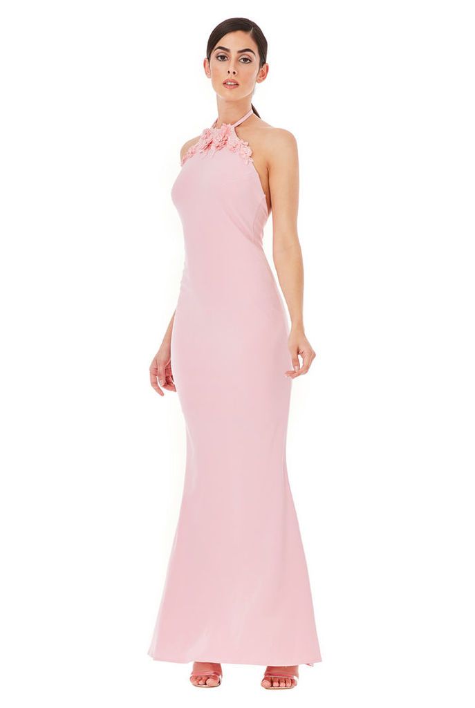 Halter Neck Maxi Dress with Flower Detail - Pink