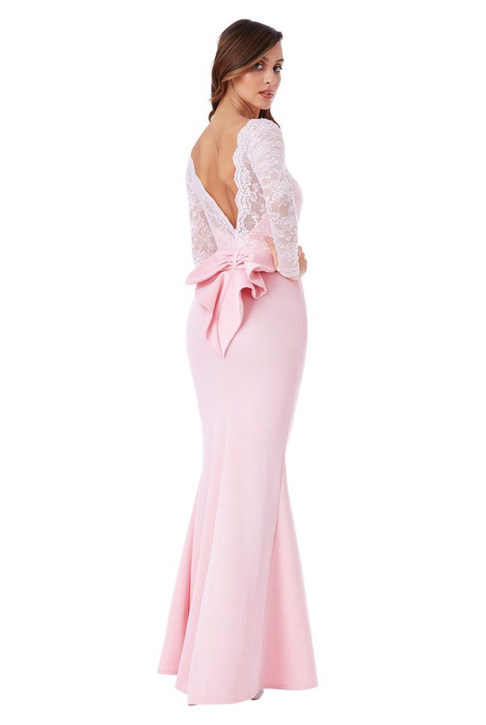 Open Back Lace Maxi Dress with Bow Detail - Pink