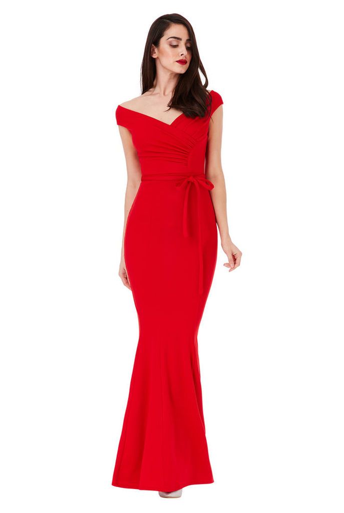 Pleated Maxi Dress with Tie Detail - Red