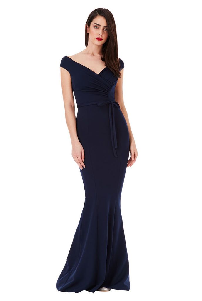 Pleated Maxi Dress with Tie Detail - Navy