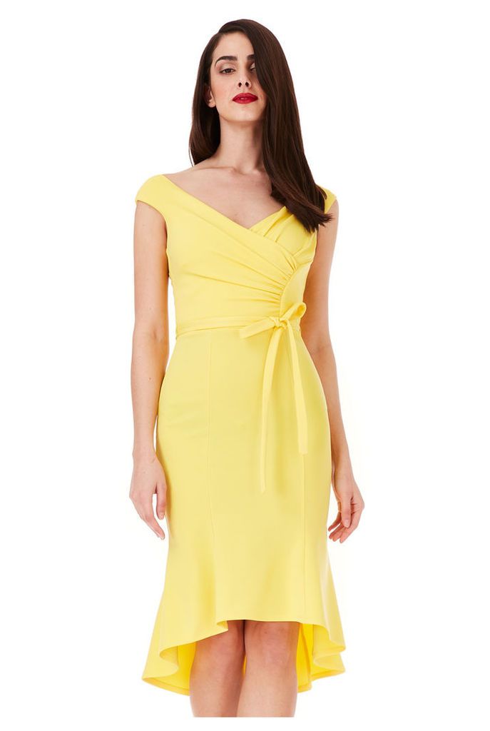 Pleated Midi Dress with Tie Detail - Lemon