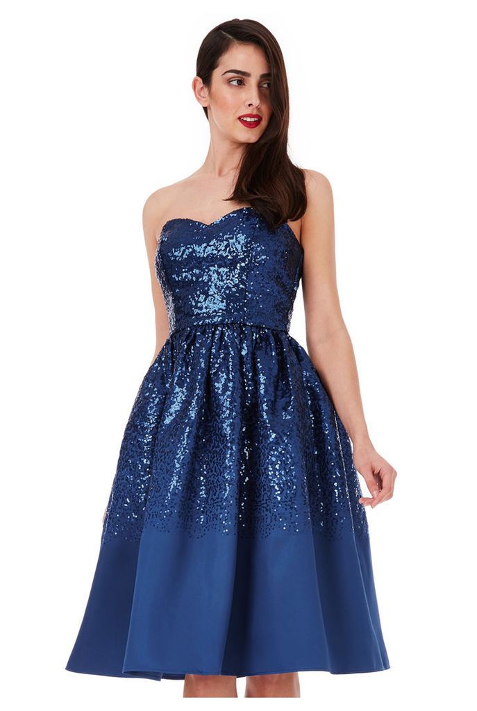 Sweetheart Neckline Sequin Midi Dress - Navy