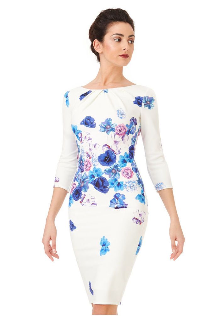 Three Quarter Sleeved Floral Print Midi Dress - Bluefloral