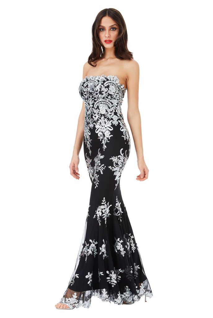 Strapless Sequin Embroidered Maxi Dress - Black