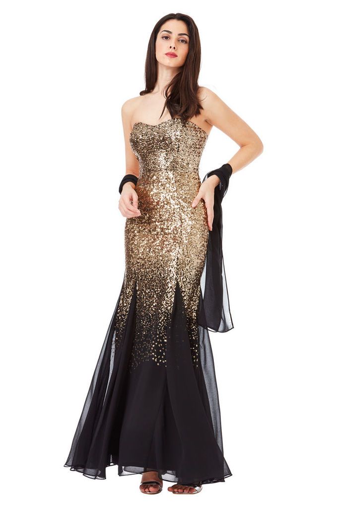 Bandeau Sequin and Chiffon Maxi Dress with Scarf - Blackgold
