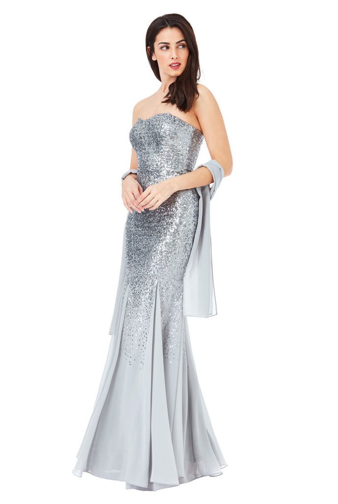 Bandeau Sequin and Chiffon Maxi Dress with Scarf - Silver