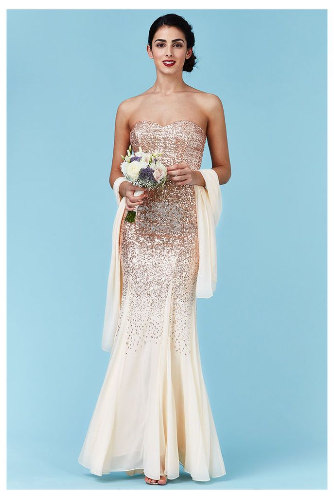 Bandeau Sequin and Chiffon Maxi Dress with Scarf - Champagne