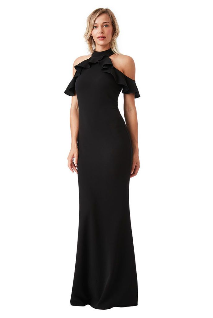 Cut Out Maxi Dress with Frill Detail - Black