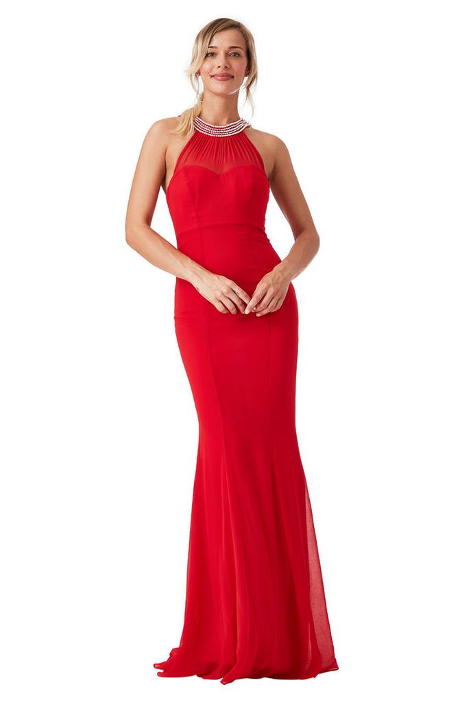Embellished Neckline Fishtail Maxi Dress - Red