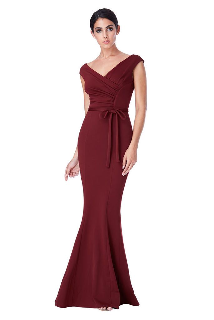 Pleated Maxi Dress with Tie Detail - Wine