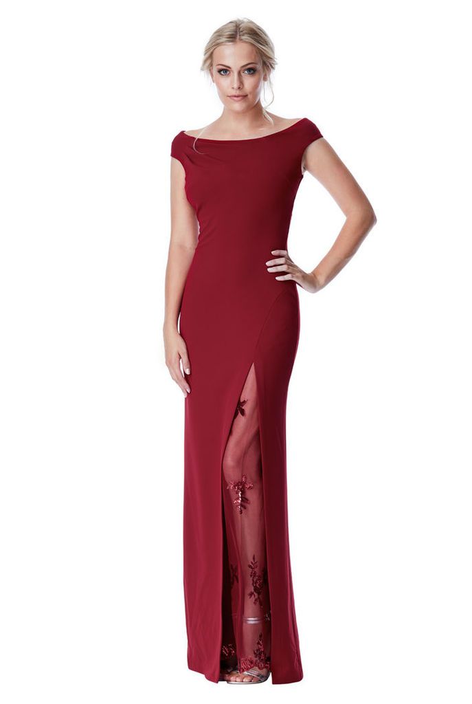 Off The Shoulder Maxi Dress with Lace Split Detail - Wine