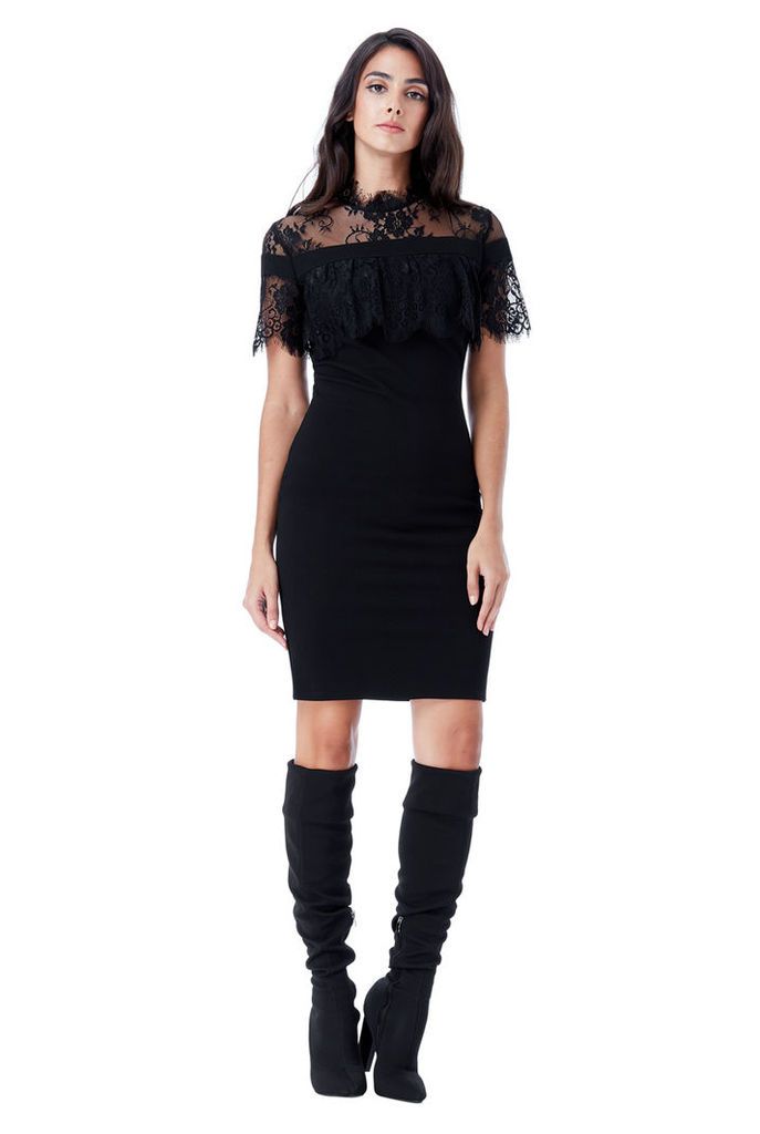 High Neck Fitted Lace Dress - Black
