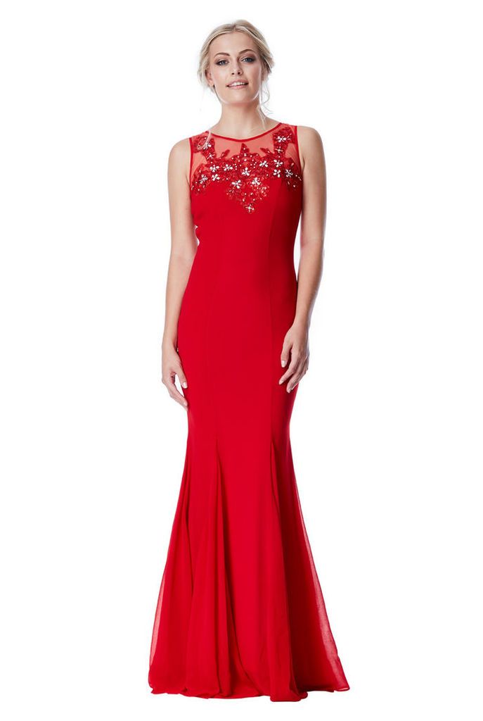 Embellished Chiffon Maxi Dress - Red