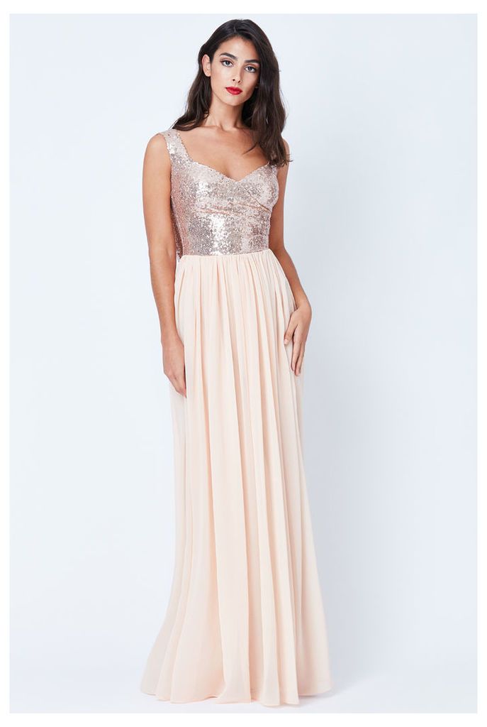 Cowl Back Sequin and Chiffon Maxi Dress - Champagne