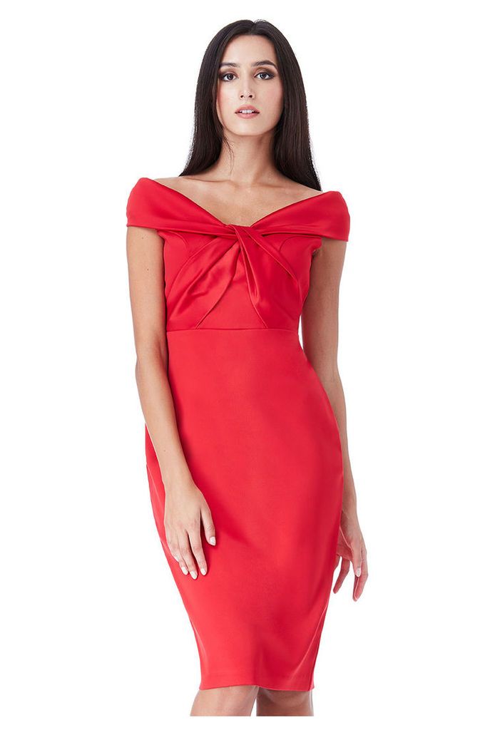 Bardot Midi Dress with Twisted Neckline - Red