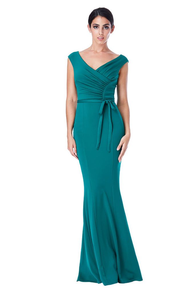 Pleated Maxi Dress with Tie Detail - Emerald