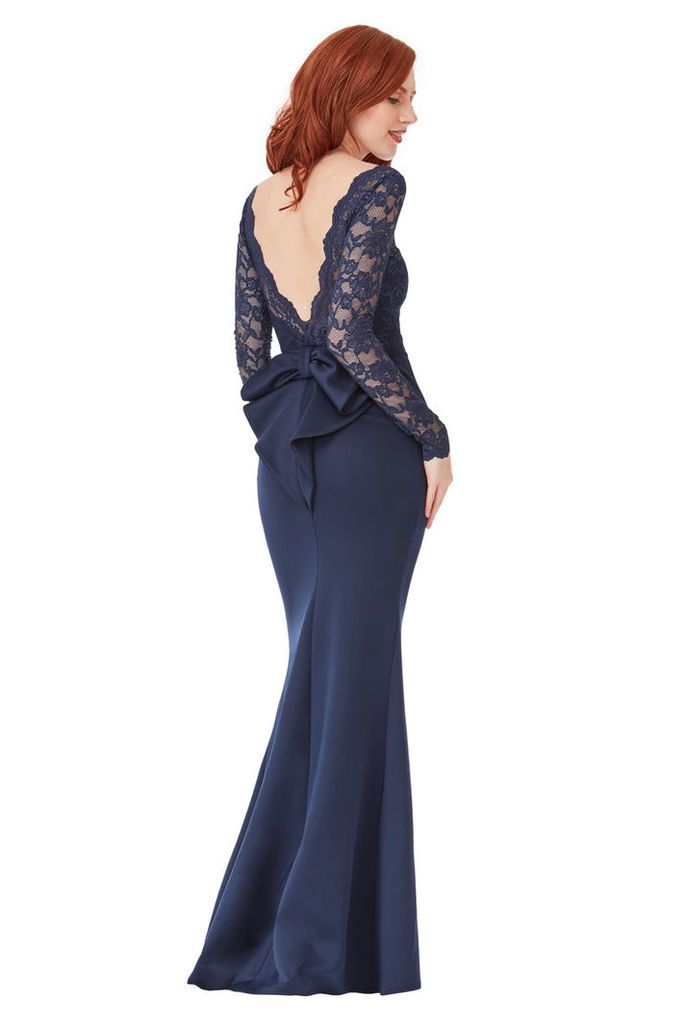 Open Back Lace Maxi Dress with Bow Detail - Navy