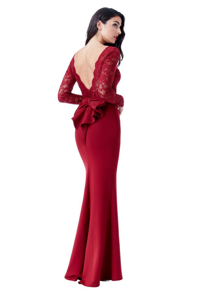 Open Back Lace Maxi Dress with Bow Detail - Wine