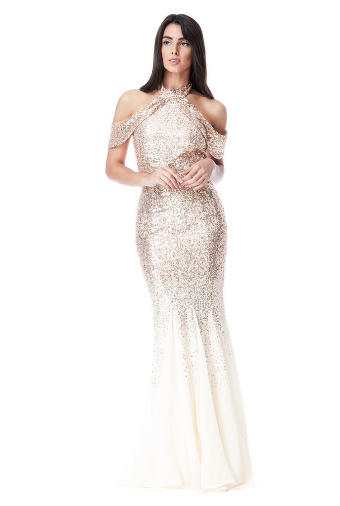 Cut Out Sequin and Chiffon Maxi Dress - Champagne