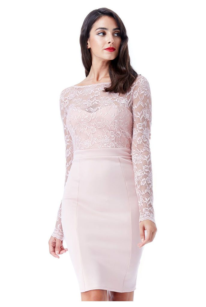Open Back Lace Midi Dress with Bow Detail - Blush
