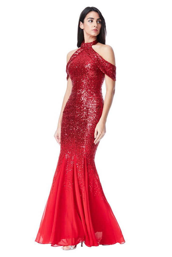 Cut Out Sequin and Chiffon Maxi Dress - Red