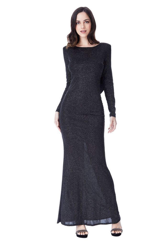 Glitter Cowl Back Maxi Dress with Sleeves - Black