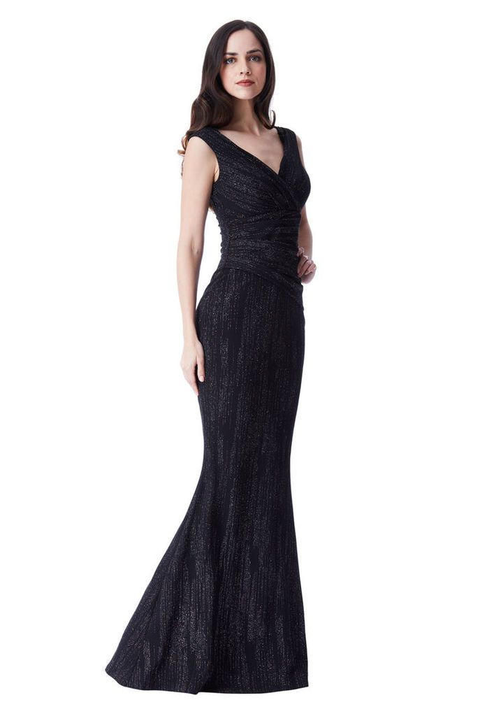 Glitter Maxi Dress with Pleated Waist - Black