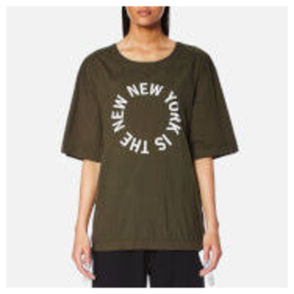 DKNY Women's Short Sleeve Logo Shirt with Side Slits and Drawcords - Military/White