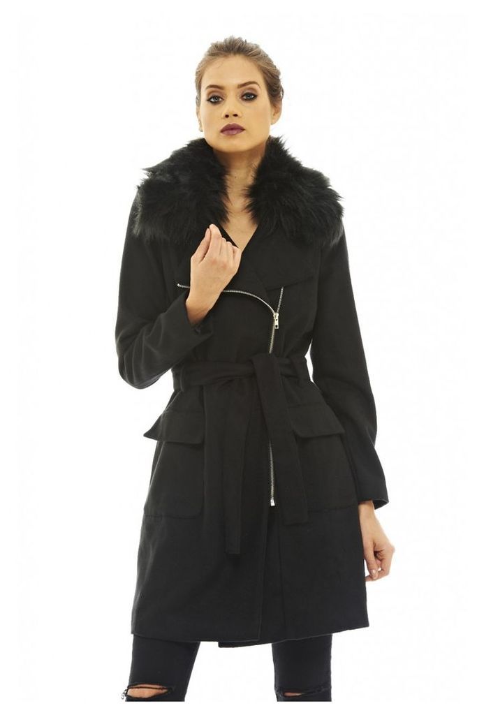 AX Paris Fur Collar Midi Coat Black