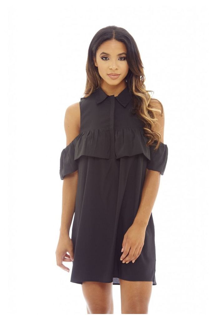 AX Paris Ruffle Cold Shoulder Shirt Dress Black