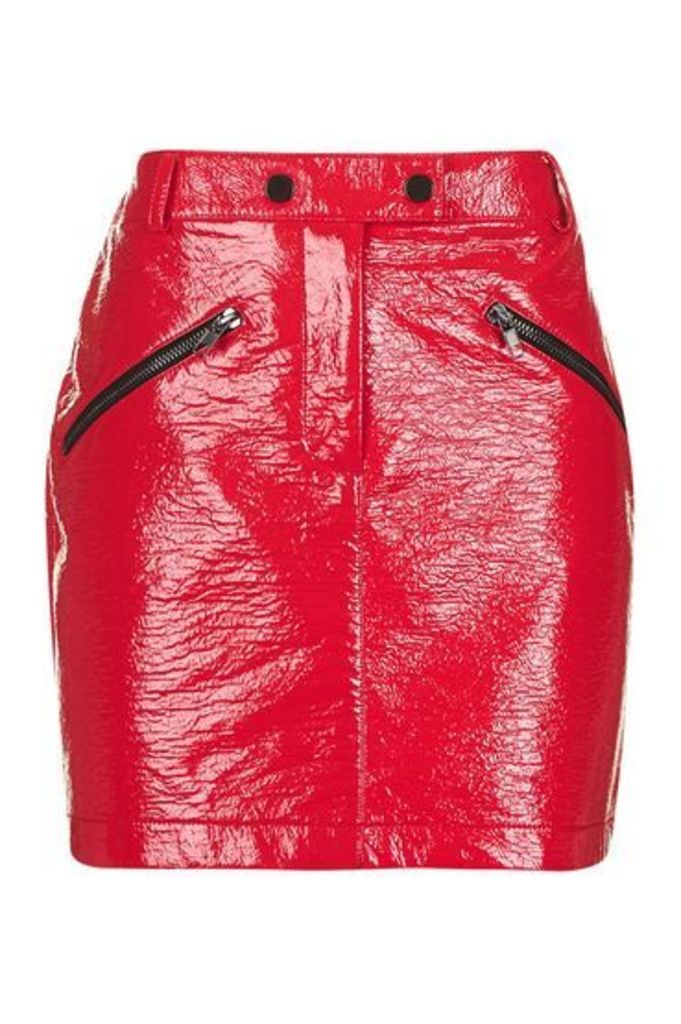 Womens Vinyl Zip Pocket Mini Skirt - Red, Red